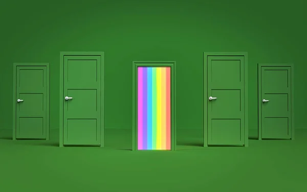 Muitas Portas Verdes Fechadas Colorido Aberto Simples Conceito Diferente Renderização — Fotografia de Stock