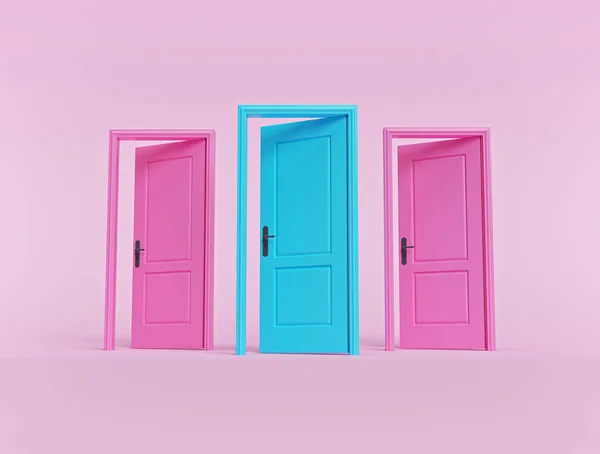 Creative Minimal Style Design Three Open Doors Pastel Pink Background — Stock Photo, Image