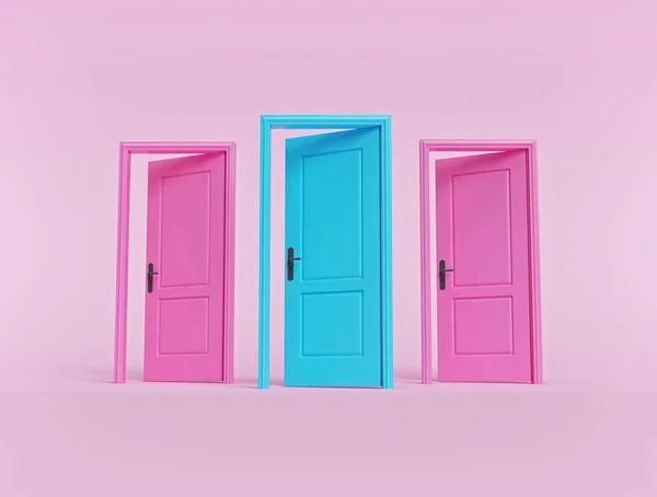 yaratıcı minimal tarz tasarımı. Pastel pembe arka planda üç açık kapı. 3d oluşturma