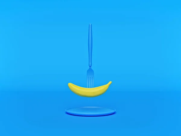 フォークの上に黄色のバナナと青い背景に隔離されたプレート 創造的な最小限の概念 3Dレンダリング — ストック写真