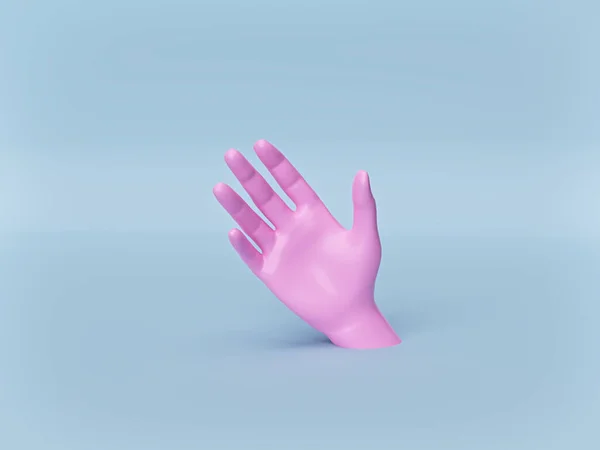 パステルブルーの背景にリアルなピンクの手が孤立 手の概念を最小限に抑える マネキンの体の一部 3Dレンダリング — ストック写真