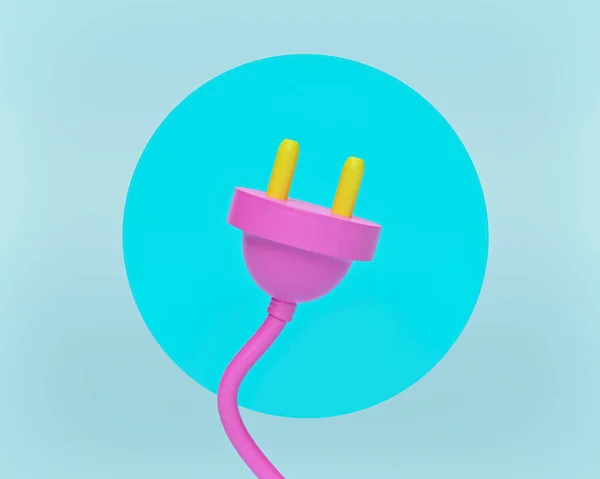 Mavi daire arka planında pembe ve sarı renkli elektrik prizi. Minimum konsept. 3d oluşturma