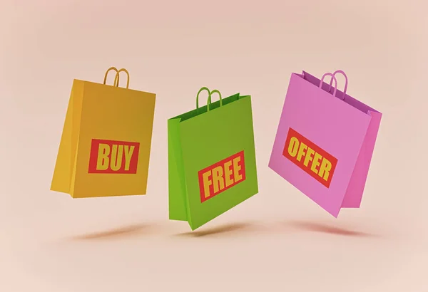 Minimal Διαφήμιση Ψώνια Έννοια Πολύχρωμες Τσάντες Ψώνια Επιπλέουν Παστέλ Φόντο — Φωτογραφία Αρχείου
