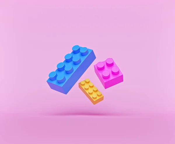 Plastic Speelgoed Blokken Geïsoleerd Pastel Roze Achtergrond Levitatie Concept Destructie — Stockfoto