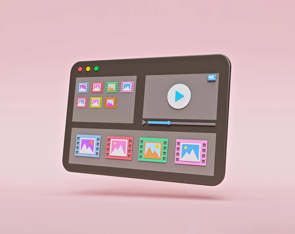 En az yaratıcı stil 4k video düzenleyici pencere konsepti. 3d oluşturma