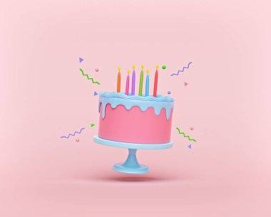 Pastel arka planda mumlarla izole edilmiş Uçan Doğum günü pastası. Havalanma. Renkli minimal tasarım. 3d oluşturma