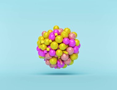 Küre, mavi arkaplanda izole edilmiş çok renkli karışık şekillerin birleşimi. Minimum geometrik dekorasyon, plastik oyuncaklar. 3d oluşturma