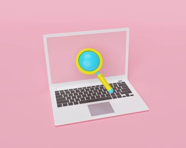 Laptop ve büyüteç, pastel pembe arka planda izole edilmiş. arama konsepti. En az çizgi film tarzı. 3d oluşturma