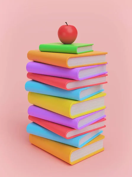 Большая Стопка Разноцветных Книг Яблоко Изолированы Пастельном Фоне Концепция Образования — стоковое фото