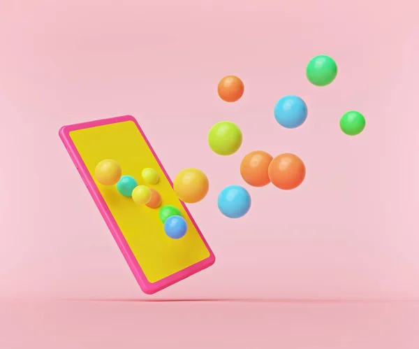 Colorful Flying Spheres Smartphone Isolated Pastel Background Modern Minimal Concept — Stock Photo, Image