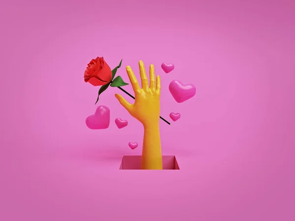 Έννοια Πρόταση Αγάπης Κίτρινο Χέρι Κόκκινο Τριαντάφυλλο Λουλούδι Και Καρδιές — Φωτογραφία Αρχείου