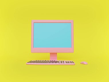 Sarı arka planda izole edilmiş retro pembe bilgisayar. Yaratıcı asgari tarz. Teknoloji konsepti 3d oluşturma