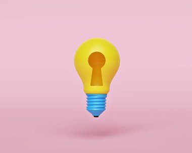 Pastel arka planda izole edilmiş anahtar deliğine sahip bir ampul. Minimum konsept. 3d oluşturma