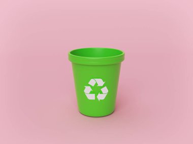 Pastel pembe arka planda izole edilmiş yeşil geri dönüşüm kutusu. Minimum tasarım. 3d oluşturma