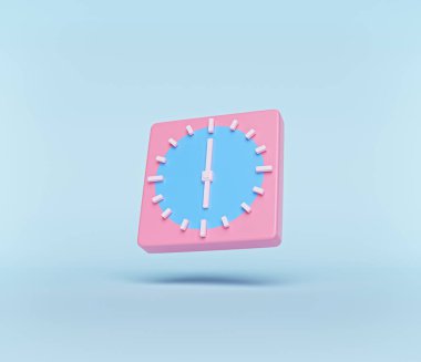 Zaman kavramı. Pastel mavi arka planda analog saat, afiş, afiş, poster veya web sitesi için modern minimal stil. 3d oluşturma