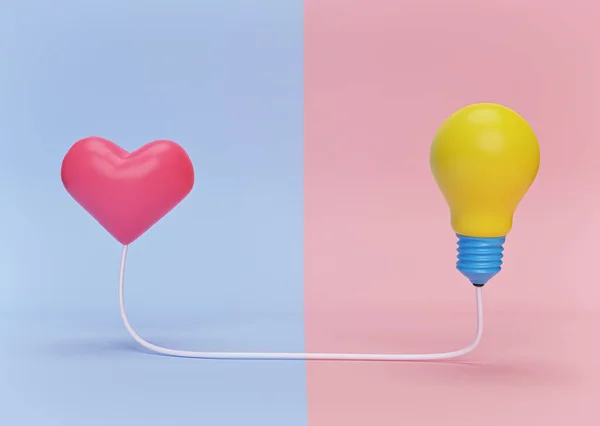 Kalp ve ampul, pastel mavi ve pembe arka plandaki bir kabloya bağlı. En az stil. 3d oluşturma
