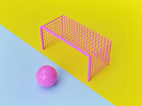ピンクのサッカーボールとゴールポスト 黄色と青の背景 最小限のスポーツコンセプト 3Dレンダリング — ストック写真