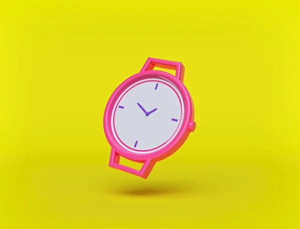 黄色の背景にストラップのないピンクの腕時計 ミニマルスタイル 3Dレンダリング — ストック写真