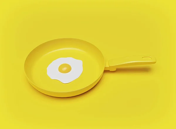 Gebakken Een Koekenpan Geïsoleerd Gele Achtergrond Ontbijtconcept Minimale Stijl Destructie — Stockfoto