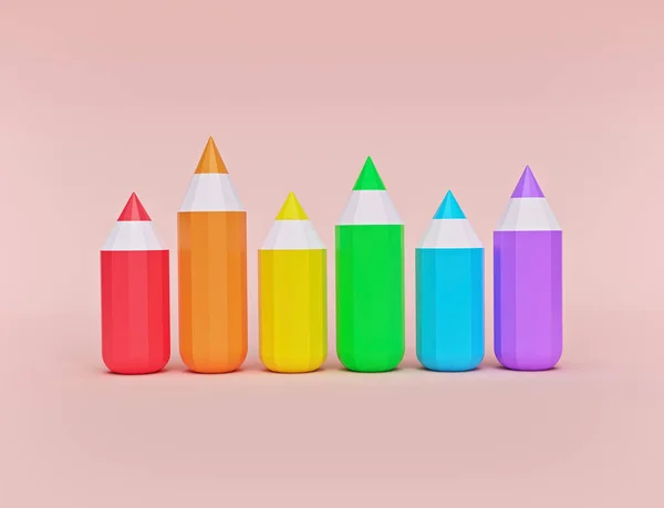 Çizgi film stili, okul malzemeleri seti. Renkli kalemler pastel arka planda izole edilmiş. Minimum konsept. 3d oluşturma
