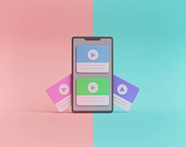 Akıllı telefon ekranındaki videolar. Sosyal medya video oynatıcı uygulama arayüzü ve Online eğitim kavramı. Minimum tasarım. 3d oluşturma