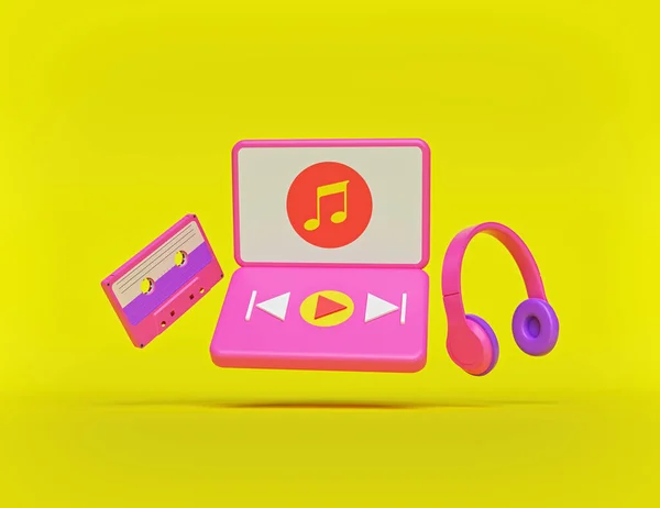 Music Player Cassette Headphone Isolated Yellow Background Minimal Retro Fashion — Stock Photo, Image