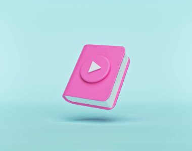 Audiobook konsepti. Pastel mavi arka planda izole edilmiş çalma tuşlu kitap. En az stil. 3d oluşturma