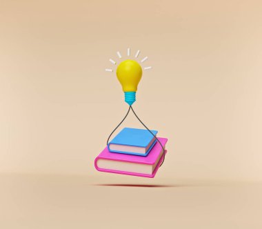Uçan ampullü kitaplar. Minimum konsept. 3d oluşturma