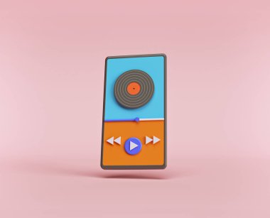 müzik, ses oynatıcı arayüzü yükleme çubuğu ve akıllı telefondaki ek düğmeler. Minimum konsept. 3d oluşturma