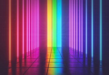 Renkli fütürist bilim kurgu soyut parlak neon ışıklar arka planı. Pankart, poster ve reklam için uygun tasarım. 3d oluşturma