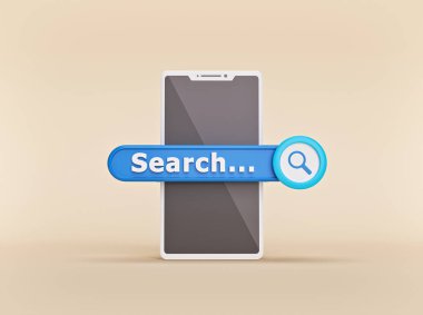 Arama barı ve modern akıllı telefon. İnternet arama konsepti. Minimum tasarım. 3d oluşturma