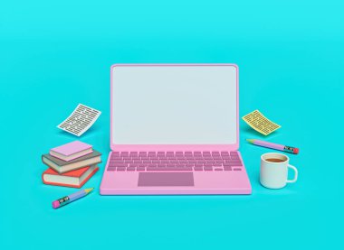 Dizüstü bilgisayarlı modern çalışma alanı. Ev kavramından çalış. 3d oluşturma