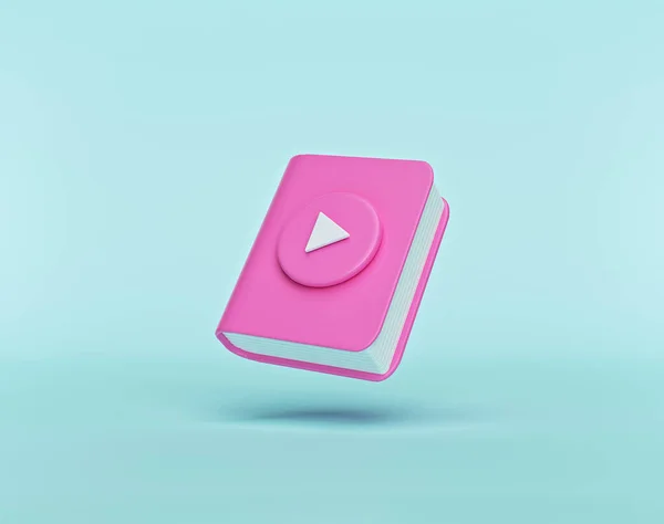 Audiobook konsepti. Pastel mavi arka planda izole edilmiş çalma tuşlu kitap. En az stil. 3d oluşturma