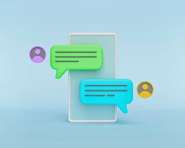 Akıllı telefondaki sohbet baloncukları. Sosyal medya mesajları, SMS, yorumlar. En az stil. 3d oluşturma
