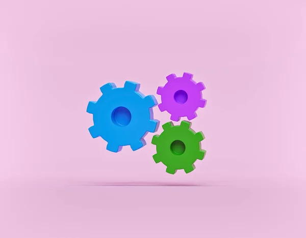 Three gear wheels isolated on pastel background. minimal concept. 3d rendering