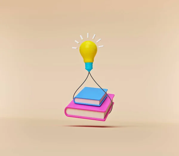 Uçan ampullü kitaplar. Minimum konsept. 3d oluşturma
