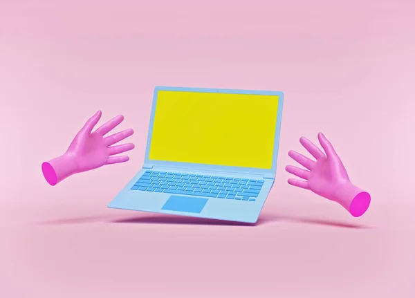 笔记本电脑和粉色的手隔离在油腻的背景上 技术概念 3D渲染 — 图库照片
