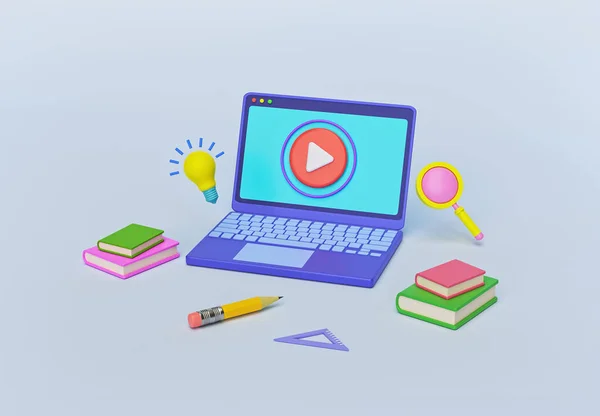 Online Learning Concept with laptop, books, bulb, pencil. minimal cartoon style. 3d rendering