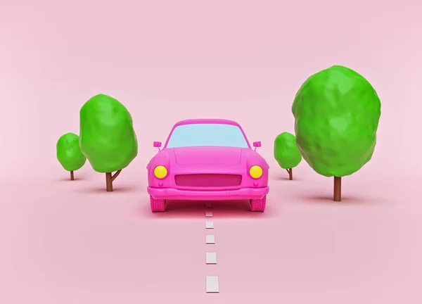 Auto Stile Cartone Animato Con Alberi Sfondo Rosa Pastello Concetto — Foto Stock