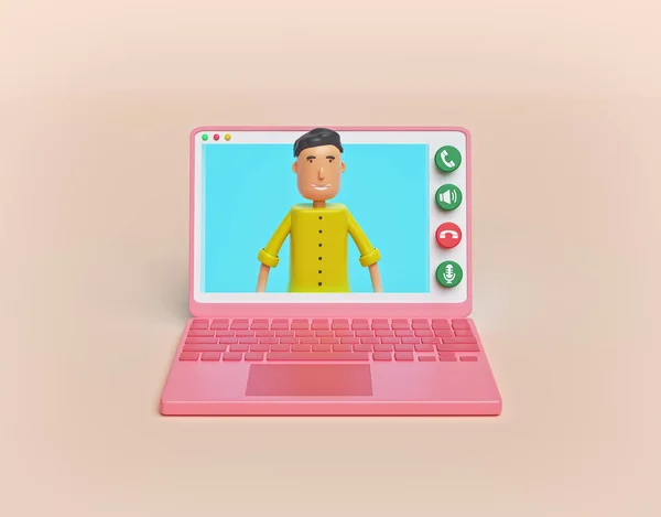 Video chatting online on laptop computer. happy cartoon character speaking. minimal design. concept of internet talk call. 3d rendering