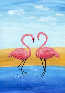 Two pink flamingos on a background of blue sky in a pond clipart