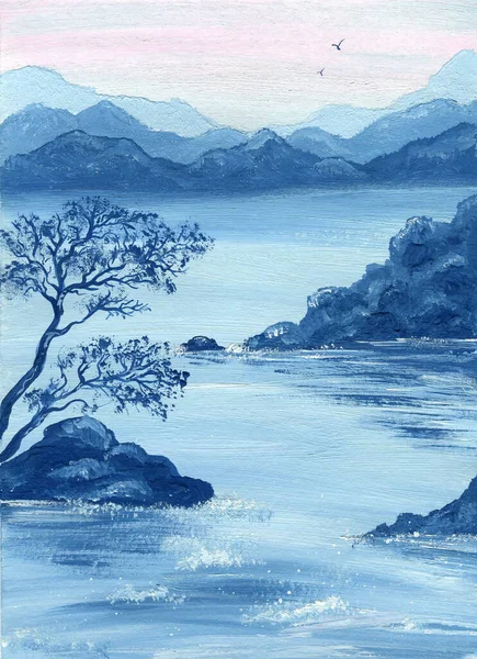 蓝色背景上美丽的海与山的景色 水彩画 — 图库照片