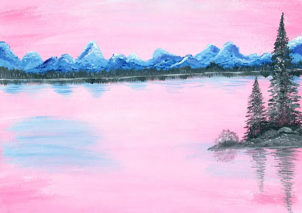 Montagne Blu Silhouette Abeti Sfondo Rosa — Foto Stock