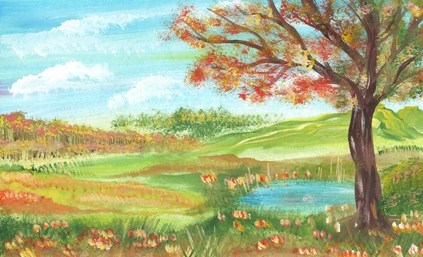 Watercolor countryside landscape in autumn with a tree on a background of field and blue sky