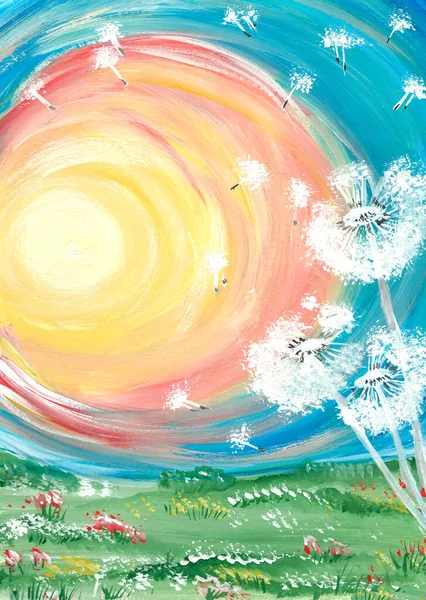 新鮮な草の中の白いタンポポ 水彩画 — ストック写真