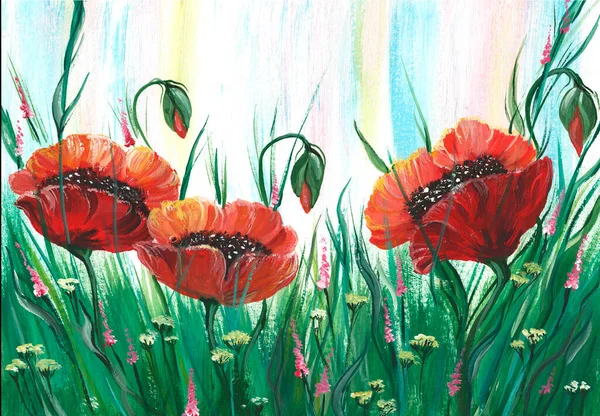 緑の草原に水彩抽象的な背景によって描かれた赤い明るいポピーの花 — ストック写真