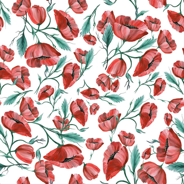 Rote Mohnblumen Mit Nahtlosem Muster Auf Weißem Hintergrund Oberflächengestaltung Für — Stockfoto