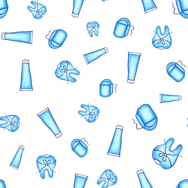 Seamless dental pattern with icons of tooth, toothpaste and dental floss in blue. Watercolor illustration