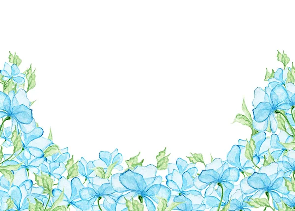 Akvarell Blommig Bakgrund Stomme Blå Blommor Och Växter Vit Bakgrund — Stockfoto