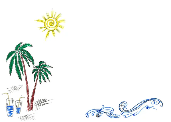 Palm Tree Sun Drinks Waves Tropical Beach Vacation Doodle Sketch — Stock Photo, Image